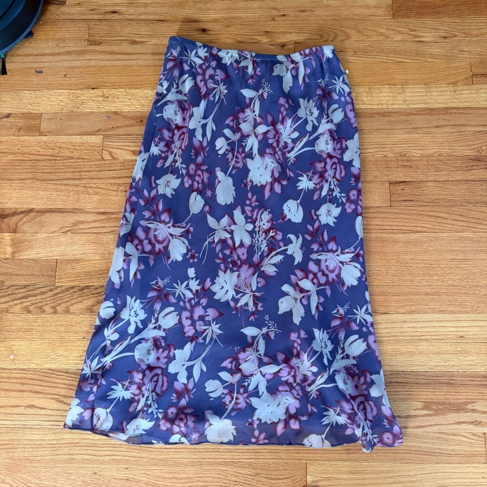 Papell Petites 14P Purple Floral 100% Silk Midi Skirt Chiffon Lined A-Line